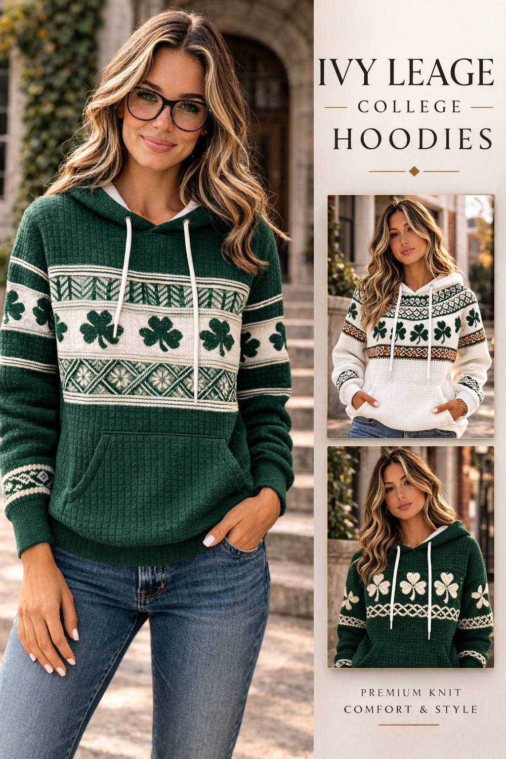 St.Patrick's Day Ivy Leage College Style Quilted Hoodie